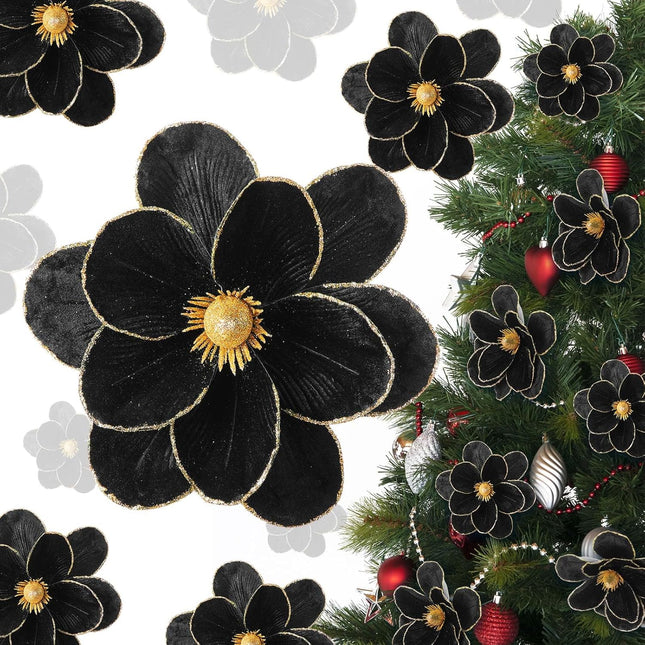 12 Pcs Christmas Velvet Poinsettia Burgundy Magnolia Flowers Ornaments Glitter Large Heads Artificial Magnolia Flowers for Christmas Tree Decorations Wedding Decor Supplies (Black and Gold)