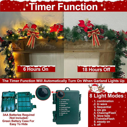 2 Pack 9 Ft Each Thicker Prelit Christmas Garland 8 Modes Timer 5 Poinsettia 4 Balls 300 Tips 198 Red Berry 4 Bow 18 Pine Cone Cedar Garland Xmas Decorations Home Indoor Outdoor, Total 18 Ft 100 LED