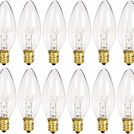Holiday Joy - Crystal Clear Torpedo Tip Candelabra Replacement Bulbs - Great for Electric Window Candle Lamps - 7W - 120 Volts - E12 (12 Pack)