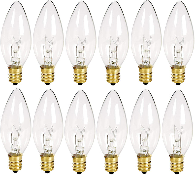 Holiday Joy - Crystal Clear Torpedo Tip Candelabra Replacement Bulbs - Great for Electric Window Candle Lamps - 7W - 120 Volts - E12 (12 Pack)