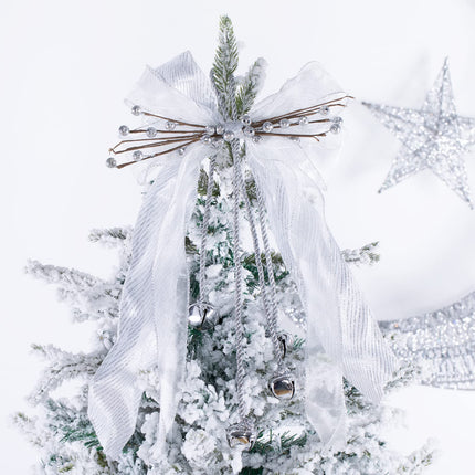 Christmas Tree Topper with Jingle Bells, Ribbon Bow Topper for Tree ,Xmas Ornaments for Holiday Decor, Great Christmas Decoration,10.23x 14.96 Inches,White