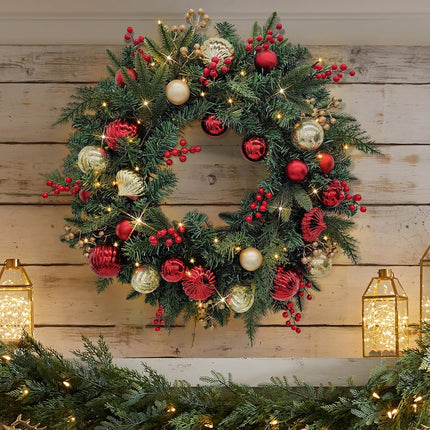 Christmas Lighted Wreath for Front Door, 28 Inches Pre-Lit 35 LED Lights, Red and Golden Artificial Holiday Wreath with Berries for Indoor Outdoor Home Decorations