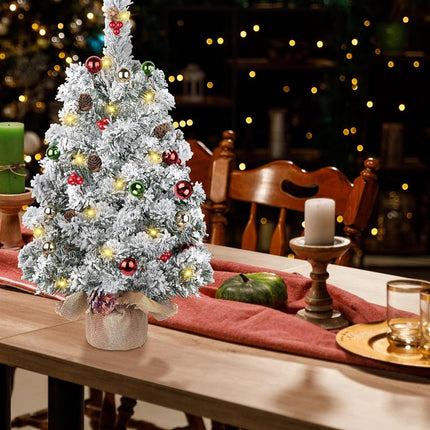 DDHS Artificial Tabletop Christmas Tree,2ft Small Christmas Tree with Ornaments Balls Pine Cones Berries, and 30 Lights Snow Tree, Pre Lit Xmas Tree for Table Home Christmas Party Decor
