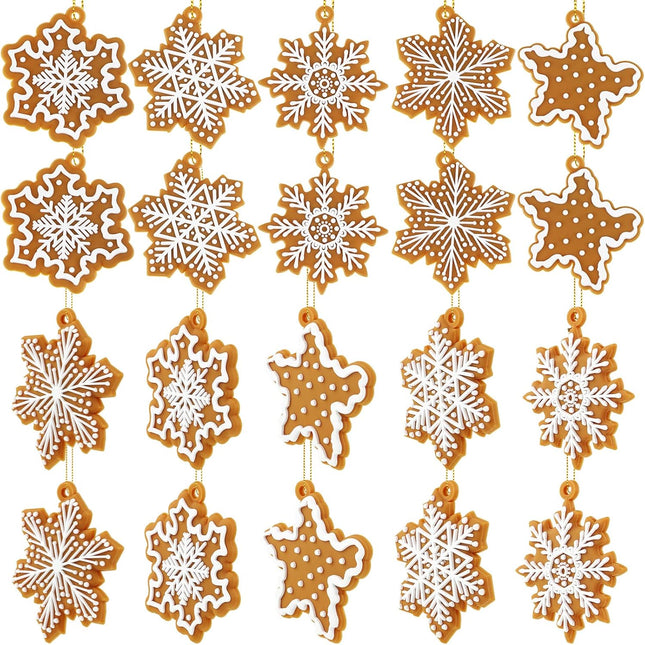 20 Pcs Christmas Gingerbread Snowflake Ornaments Mini Tree Hanging Decorations Silicone Christmas Ornaments Xmas Gingerbread Ornaments with Ropes for Christmas Tree Winter Crafts