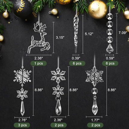 20 PCS Crystal Ornaments Christmas Tree Decorations, Hanging Acrylic Snowflake Icicle Drop for Winter Wonderland Holiday Year Party Decor Supplies