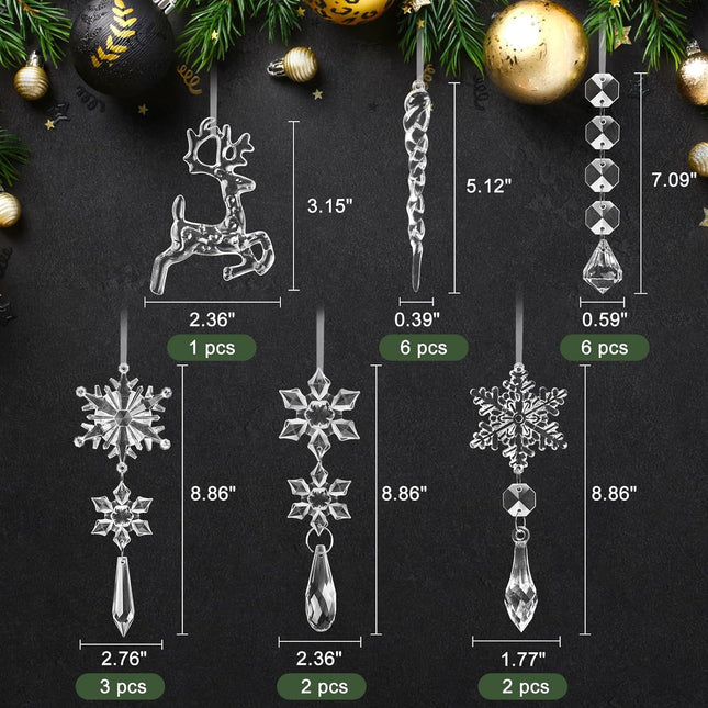 20 PCS Crystal Ornaments Christmas Tree Decorations, Hanging Acrylic Snowflake Icicle Drop for Winter Wonderland Holiday Year Party Decor Supplies