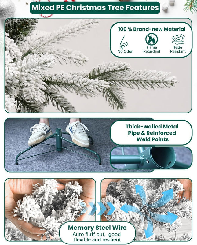Flocked Christmas Tree Prelit 4ft Leheyhey Small Christmas Tree with LED Lights, Memory Steel Wire Branch Simulation of Fir Tree, Foldable Metal Base, 739 PE & PVC Mixed Branch Tips