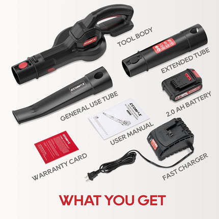Ecomax 18V Cordless Leaf Blower, Powerful Blower Battery Powered for Lawn Care & Snow Blowing & Yard Cleaning, 2Ah Battery and Charger Included, ELG04, Black & Red