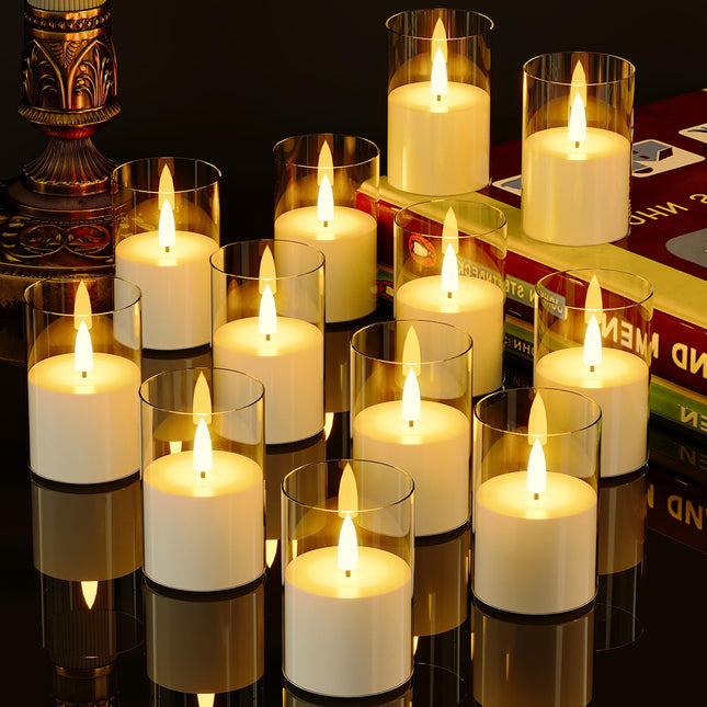 12Pack Flickering Flameless Candles with Timer, LED Candles Battery Powered, Small Flameless Pillar Candles, Votive Candles Battery Operated for Wedding Party Centerpieces Table [Clear, 2"X3"]