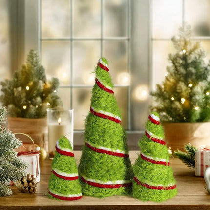 Grinchmas Christmas Decorations, 3Pcs Green Christmas Cone Tree Plush Fur Swirl Surface Cone Christmas Trees, Christmas Decor for Xmas Year Winter Holiday Home Décor