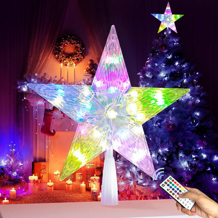 Christmas Star Tree Topper with 128 Light Flashing Modes, Remote Control, 9 Inch Christmas Tree Topper LED Light for Indoor Office Xmas Year Christmas Tree Decorations