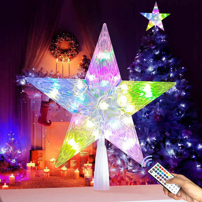 Christmas Star Tree Topper with 128 Light Flashing Modes, Remote Control, 9 Inch Christmas Tree Topper LED Light for Indoor Office Xmas Year Christmas Tree Decorations