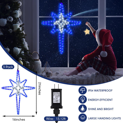 VIHOSE 3 Pack 21" Bethlehem Star Outdoor Lights with Cross, Waterproof LED Christmas Star Lights for Window Wall Roof, Star of Bethlehem Outdoor Lights for Xmas Holiday Party Decor(Blue White)