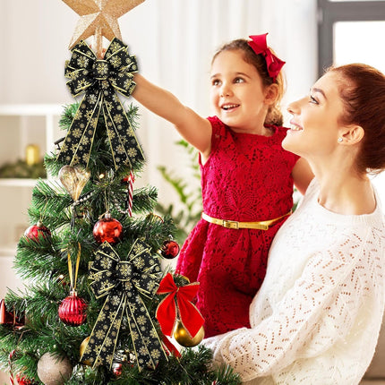 Whaline 2 Pack Christmas Wreath Bow Black Gold Snowflake Burlap Bow Xmas Decorative Tree Topper Ornaments Bow for Winter Indoor Outdoor Home Party Decor, 19.7 x 11.4 Inch