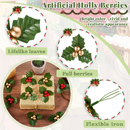 50 Pieces Christmas Holly Berries for Crafts Faux Berry Flowers Holly Leaves and Berries Christmas Wreath Fillers for Christmas Vase Fillers Floating Candle Table Centerpiece (Red, Gold)