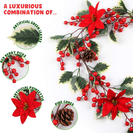 Mocoosy 6.3FT Red Berry Christmas Garland with Pine Cones and Poinsettia, Artificial Berries Garland Poinsettia Christmas Decorations for Indoor Outdoor Fireplace Winter Holiday Xmas Home Decor