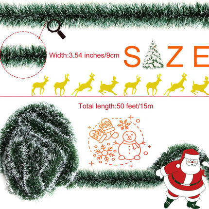 50 Feet Garland for Christmas Decorations,Green Snowy Garland,Artificial Christmas Pine Streamers for Party Hanging Ceiling Decorations
