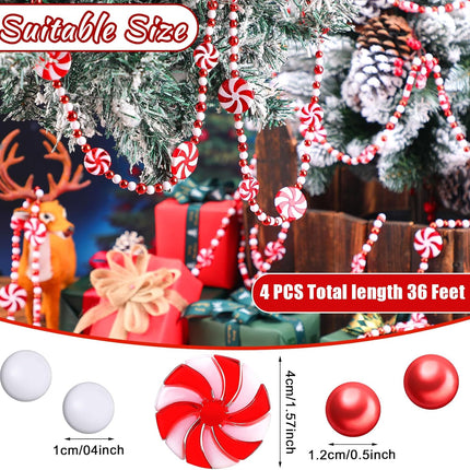 Tigeen 36 ft Christmas Tree Candy Garland, Candy Beaded Garland Plastic Red and White Bead Garland Candy Round Decor for Christmas Tree Xmas Home Fireplace Christmas Party Decoration