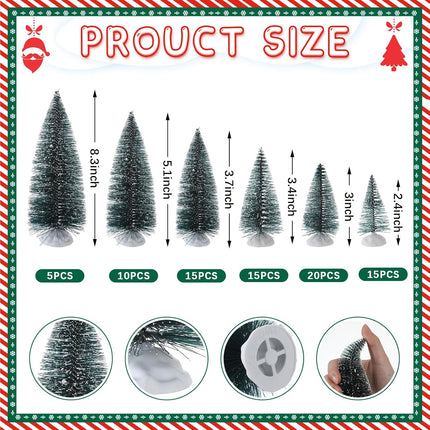 Crowye 80 Pcs Christmas Village Trees Mini Dollhouse Christmas Tree Pine Cedar Trees with White Plastic Base Miniature Christmas Village Accessories for Winter Party Decor, 6 Sizes(Dark Green)
