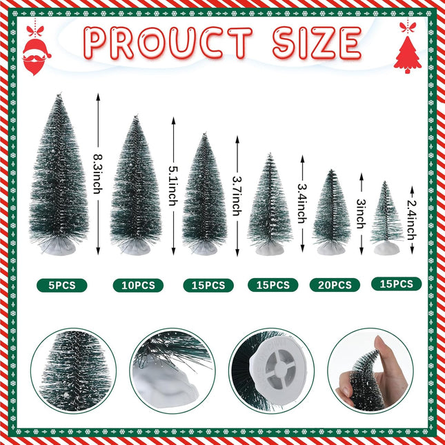 Crowye 80 Pcs Christmas Village Trees Mini Dollhouse Christmas Tree Pine Cedar Trees with White Plastic Base Miniature Christmas Village Accessories for Winter Party Decor, 6 Sizes(Dark Green)