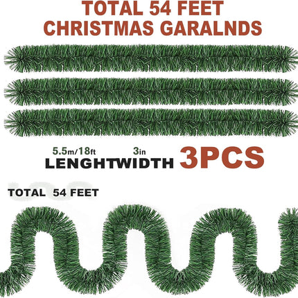 54 Feet Christmas Garland - 3 Stands Artificial Evergreen Garland Soft Greenery Garland Set for DIY Christmas Decoration, Non-Lit Indoor Outdoor Garlands for Stair Railing/Mantle/Holiday/Party Decor