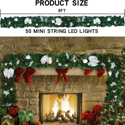 MorTime 9 FT LED Christmas Garland with Berries Bows Christmas Balls, Pre-Lit Artificial Garland with 50 Warm White LED Lights for Indoor Outdoor Christmas Decorations