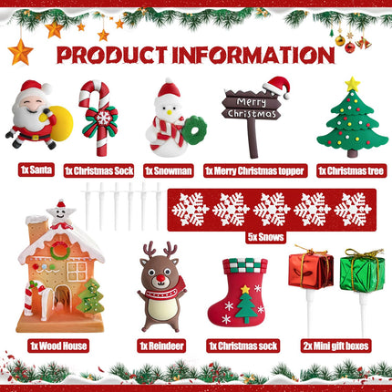 Christmas Cake Topper, Merry Christmas Cake Decorations Christmas Cake Toppers with Craft Xmas Tree Santa Reindeer Cake Decoration Christmas Party Cake Supplies for Christmas Holiday