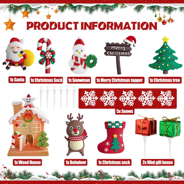 Christmas Cake Topper, Merry Christmas Cake Decorations Christmas Cake Toppers with Craft Xmas Tree Santa Reindeer Cake Decoration Christmas Party Cake Supplies for Christmas Holiday