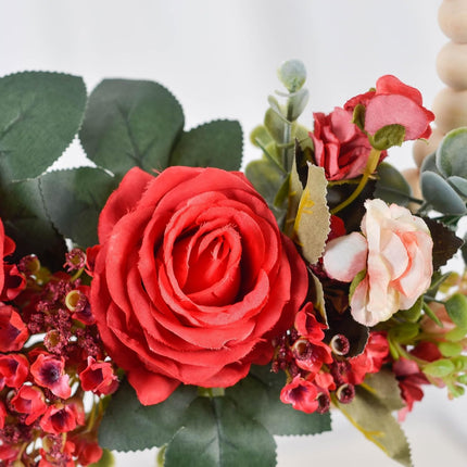 Christmas Wood Bead Red Rose Wreath Boho Farmhouse Decor Artificial Flower Eucalyptus Wreath for Front Door Windows Wall Hanging Room Decor 12" (Red)
