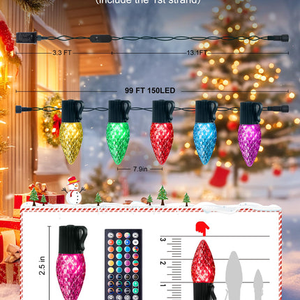 Minetom C9 LED Christmas Lights Outdoor, 150 LED RGB Smart Christmas Tree Lights with Music Sync APP Controlled, Waterproof Connectable C9 String Lights for Indoor House Party Patio Garden Decor