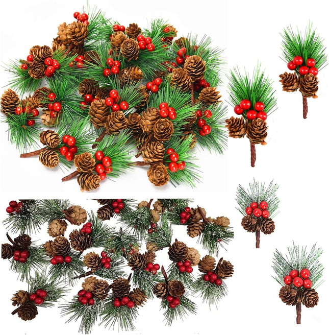 20 PCS Artificial Pine Cones Red Berry Pine Cones Stems, Pine Cones for Decorating, Christmas Craft Supplies, Natural Pinecones Acorns Red Berries Christmas Decor Ornaments for Home Winter Decorations