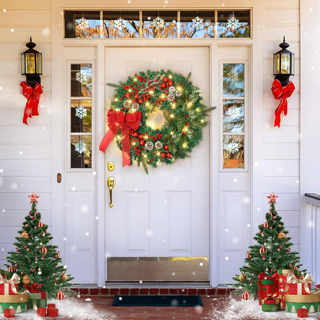 Prelit Christmas Wreath with 50 LED Lights, Large 24In Christmas Wreath for Front Door Wreaths with Berries, Pine Cones, Big Bowtie Pine Branch for Door Fireplace Window Mantle Christmas Decoration