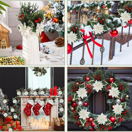 Hotop 12 Pcs Poinsettia Flowers Christmas Artificial Glitter Flower with Clips Poinsettia Christmas Decorations Artificial Christmas Flowers for Garland Wreath Tree Home Party(White,Classic)