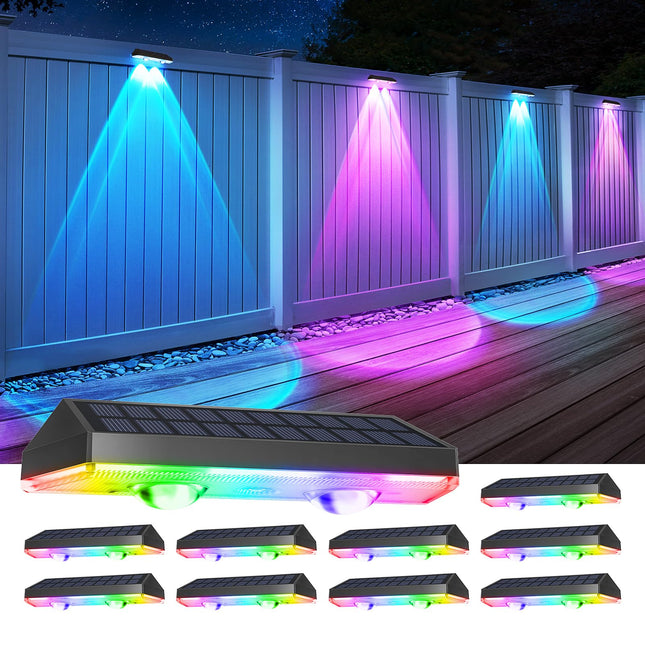 Solar Fence Lights10 Pack, Warm White & RGB Solar Wall Lights Outdoor, IP65 Waterproof Outdoor Solar Lights, Fence Lights Solar Powered for Christmas Halloween Wall Backyard Railing Stair