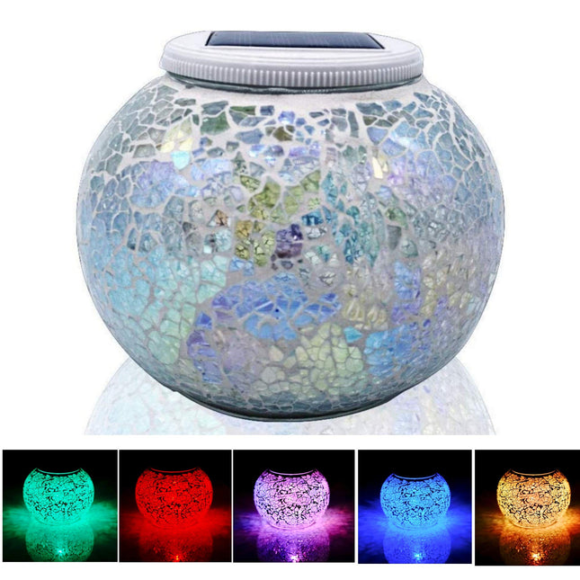 Solar Glass Ball Table Light Color Changing Solar Powered Mosaic Crackle Glass Table Lamps Waterproof LED Night Light for Bedroom Yard Patio Halloween Christmas Decorations (Crackle Glass, White)