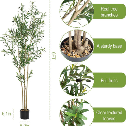 Artificial Olive Tree 6ft Tall with Natural Wood Trunk and Lifelike Fruits,Faux Silk Plant for Home Office Decor Indoor Faux Tree