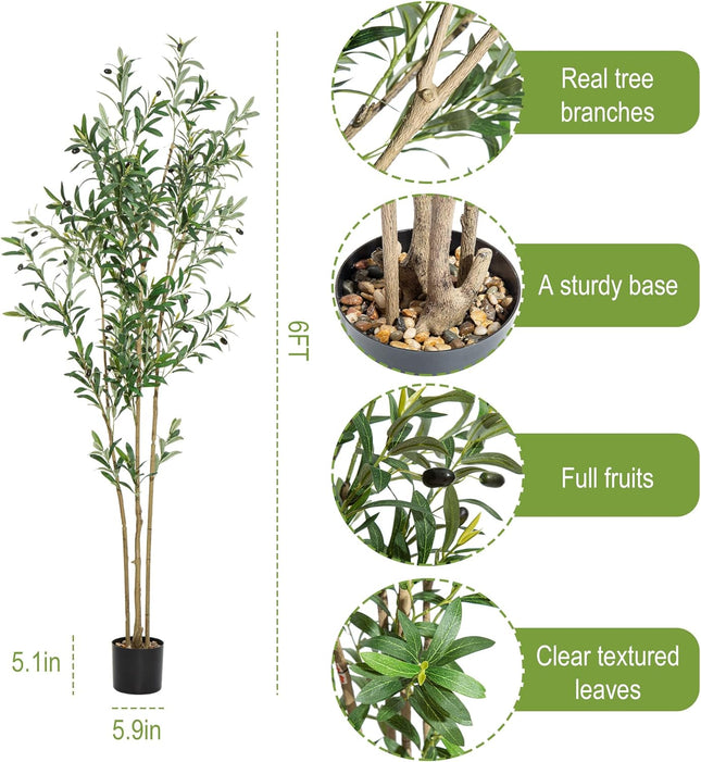 Artificial Olive Tree 6ft Tall with Natural Wood Trunk and Lifelike Fruits,Faux Silk Plant for Home Office Decor Indoor Faux Tree