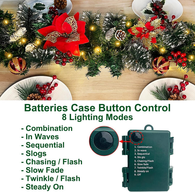 6 Ft by 10 Inch Prelit Christmas Garland with 30 Lights Timer 8 Modes 6 Poinsettia 4 Ball Ornaments 170 Branch Snowy Bristle 88 Red Berries 8 Pinecones Battery Operated Cedar Garland Home Indoor Decor