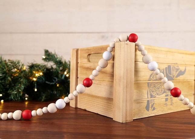 One Holiday Way 9-Foot Rustic Red, White and Unfinished Wood Bead Garland Christmas Tree Decoration - Decorative Vintage Wooden Beads for Everyday Chic Winter Valentines Farmhouse Xmas Home Decor