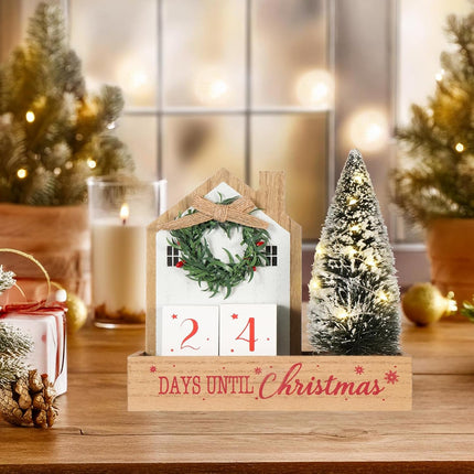Christmas Tree Countdown Block LED Lighted 99 Days Until Christmas Wreath Calendar Tabletop Number Date Rustic Wooden Home Decor Holiday Xmas Ornament Desk Decoration