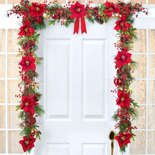DearHouse 5.3 Ft Berry Christmas Garland, Artificial Poinsettia Garland with Red Berries and Holly Leaves, Pine Cone Garland for Winter Holiday Year Decor