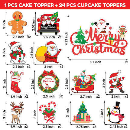 Merry Christmas Cake Topper Picks, 25PCS Xmas Snowflake Snowman Cake Toppers Cake Decorations Santa Claus Theme Birthday Party Supplies Favors Decor Centerpiece Table for Boys Girls Carnival Prizes