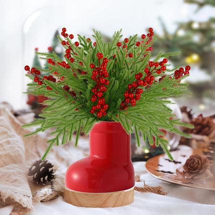10 Pcs Christmas Norfolk Pine Branches with Red Berry Stems,19 Inch Norfolk Pine Artificial Christmas Branches, Artificial Xmas Branches Plants Pine Leaves for DIY Garland Wreath Home Decoration