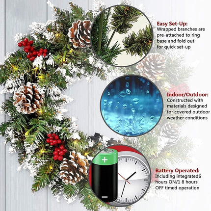 Christmas Wreath for Front Door, 18inch Pre-lit Artificial Xmas Wreath with Hook, 50 LED Lights&Timer for Door Window Wall Stairs Outdoor Decorations