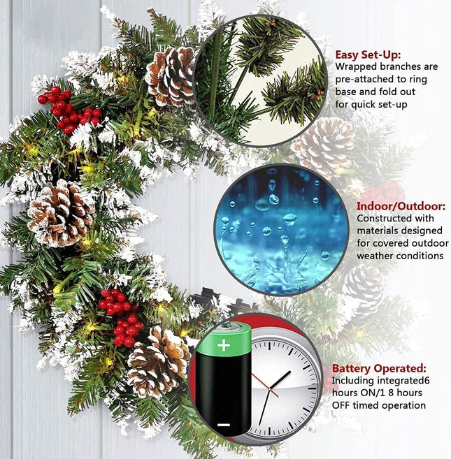 Christmas Wreath for Front Door, 18inch Pre-lit Artificial Xmas Wreath with Hook, 50 LED Lights&Timer for Door Window Wall Stairs Outdoor Decorations