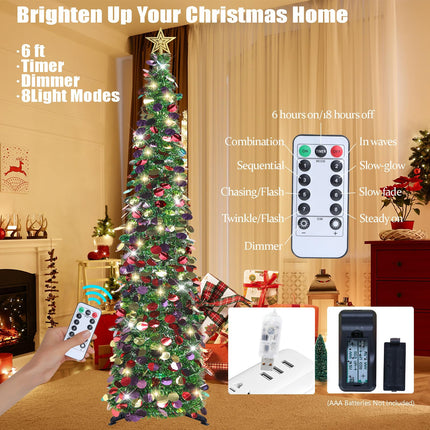 HMASYO 6 FT Pop Up Christmas Tree with 100 LED Lights & Remote, Green Tinsel Artificial Pencil Christmas Tree Xmas Decoration for Home, Office, Party, USB Powered Timer Lights, Easy Assembly