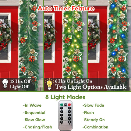 6FT Lighted Christmas Garland, Prelit Christmas Garland Indoor Outdoor Battery Operated Garland with Lights Pine Cones Berries Green Mantle Garland Christmas for Staircase Fireplaces