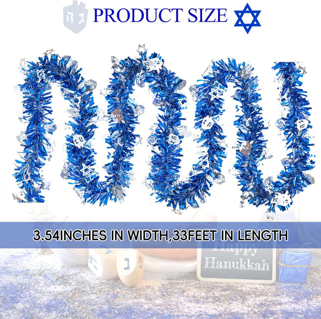 33ft Hanukkah Tinsel Garland, Blue Silver Metallic Twisted Tinsel Garland with Dreidel Star of David Hanging Garland Decoration for Chanukah Party Tree Fireplace Mantle Home Party Decor