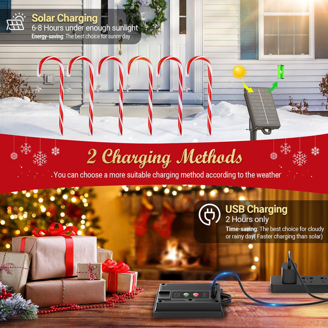 24 Pack Christmas Decorations Outdoor Solar Candy Cane Lights, LETMY Solar & USB Rechargeable Solar Christmas Pathway Lights, 144 LED 10 Modes Waterproof Outdoor Christmas Decorations for Yard Pathway