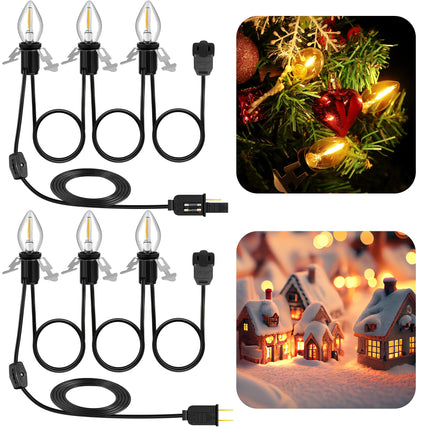 Enhon 2 Pack Accessory Cord with 3 LED Light Bulbs, 9.8 FT Christmas Village Light Cord with 2 Fuse and Switch, C7 Blow Mold Light with Female Plug for Christmas Halloween Holiday Decor, Warm White